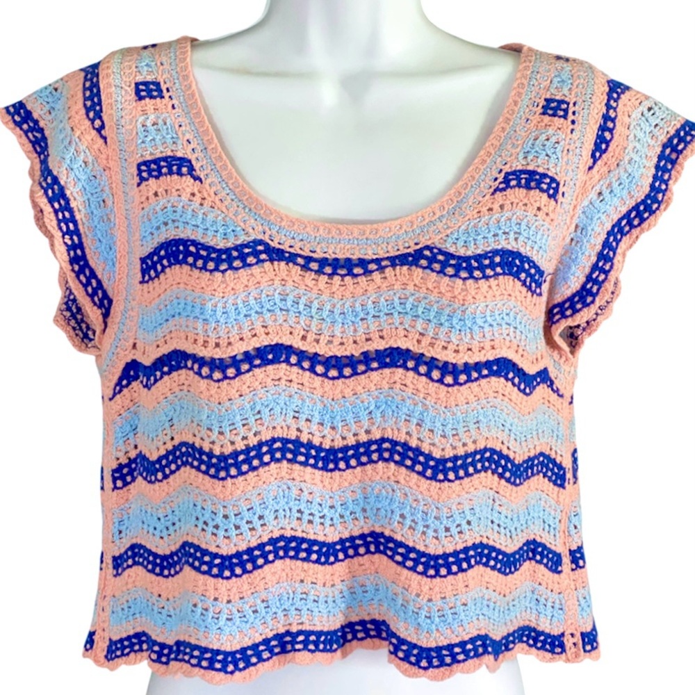 Rebellion Colorful Crochet Crop Top Flutter Sleeves M Summer Beach Resort Cruise